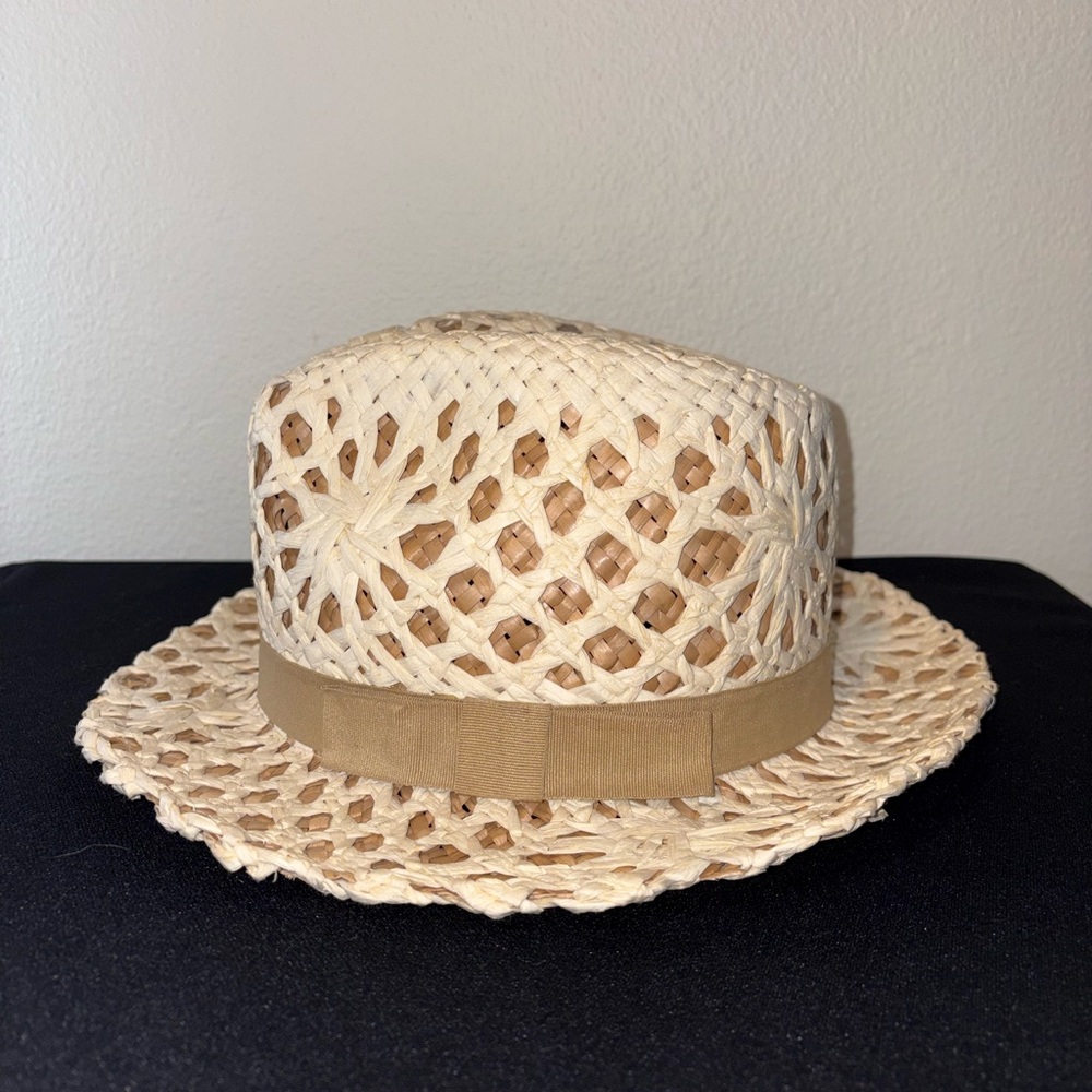 New York & Company Vintage Woven Straw Fedora Hat with Tan Band One Size - Picture 4 of 8